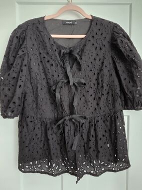 0039. Black Eyelet Tie-Front Peasant Top